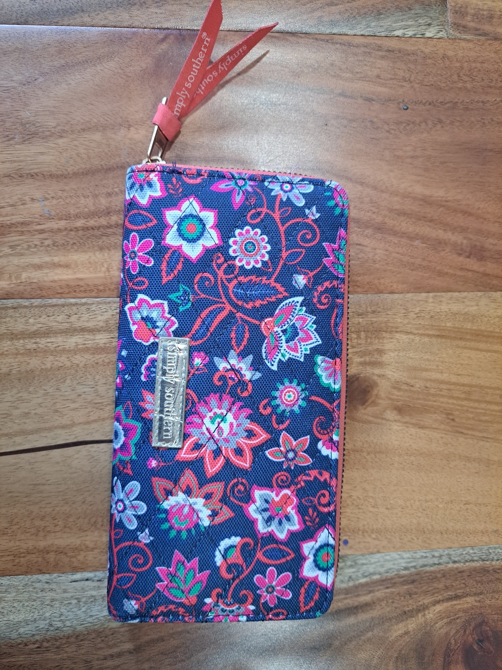 Simply Southern Navy Floral Zip Wristlet Wallet with Pink & Teal Accents